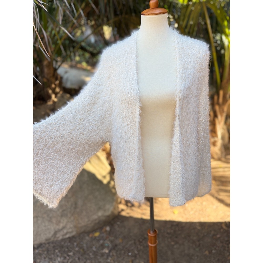 Anthropologie Womens Cloud Dancer Faux Fur Cardigan Sweater Size M Quiet Luxury